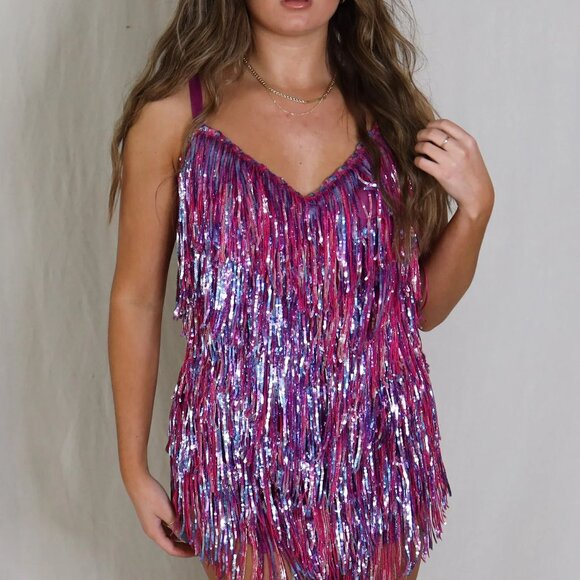 Short Sequin Fringe Mini Dress - Purple Multi - Picture 2 of 4